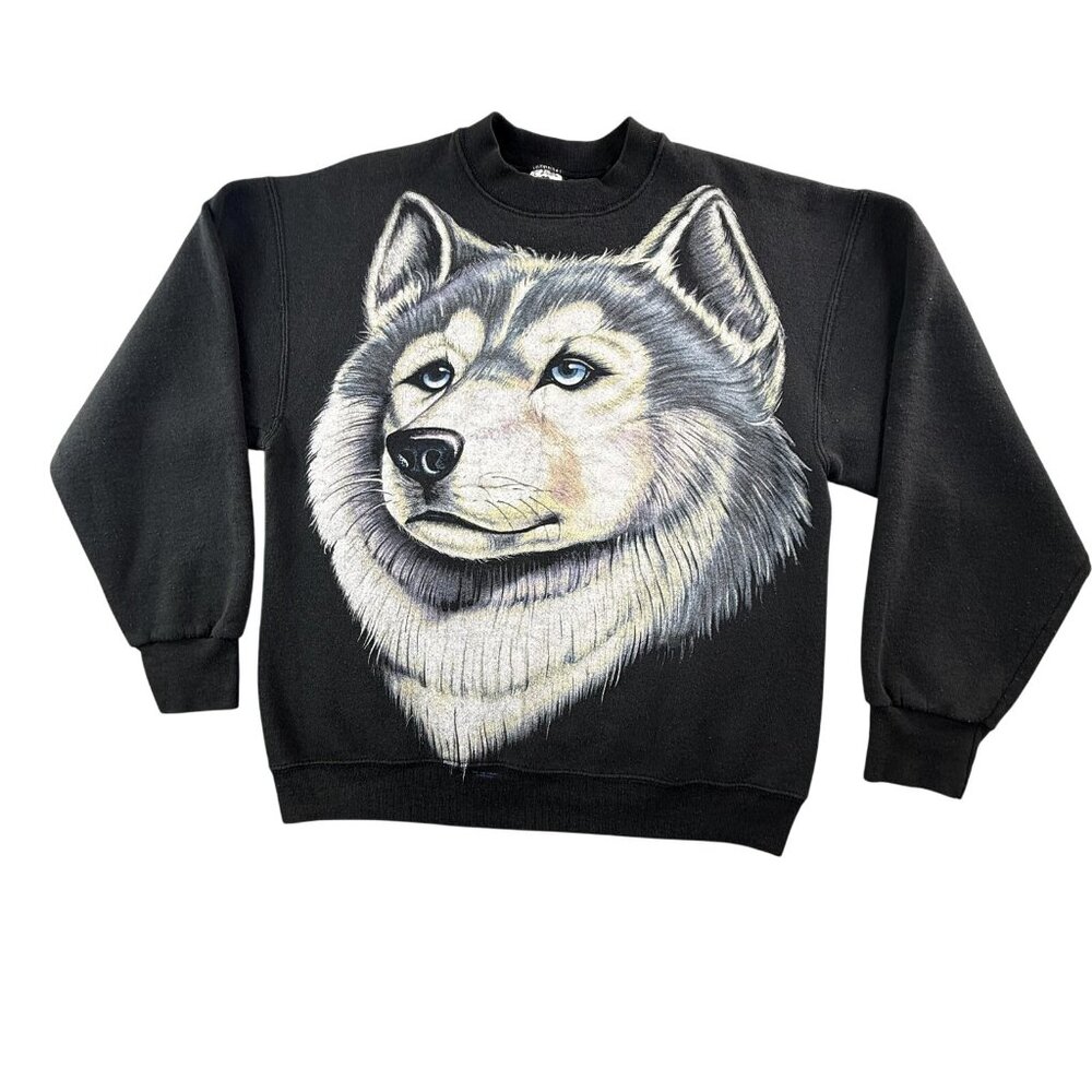 Vintage Fruit Of The Loom Sweatshirt Mens Large Black Grey Wolf Graphic USA 90s